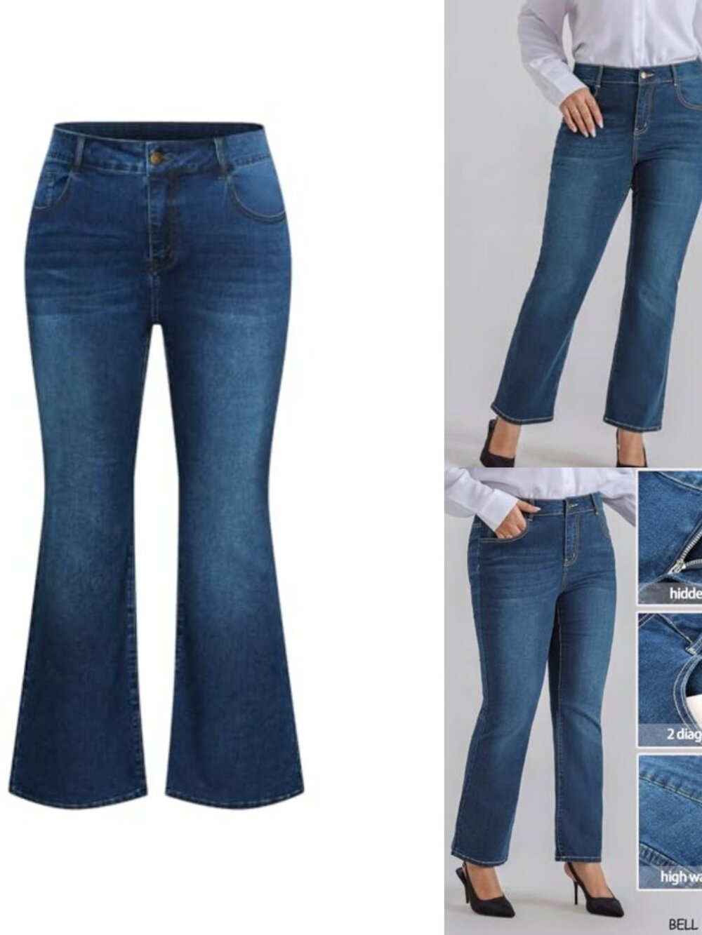 Plus Size High Waisted Flared Bell Bottom Stretchy Denim Jeans with Pockets